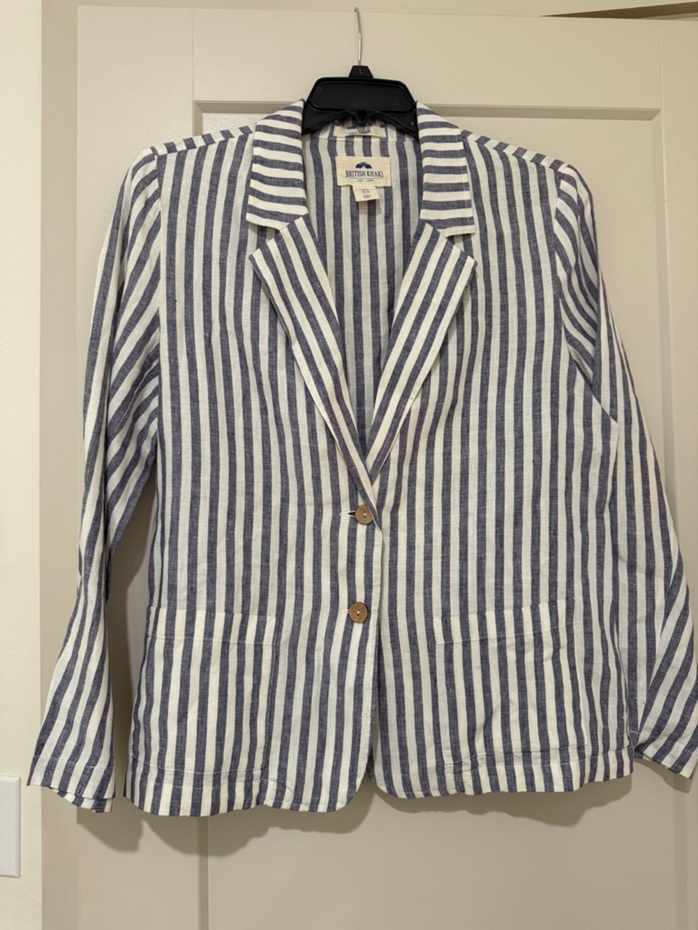 British Khaki Linen Striped Blazer XL Blue White Summer Jacket